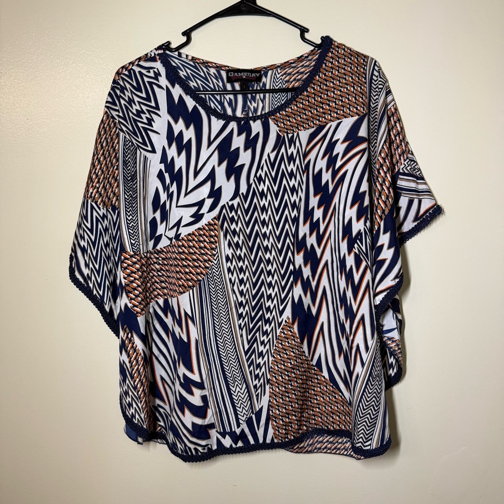 Gameday Women's Geometric Blouse in Navy, Orange and White